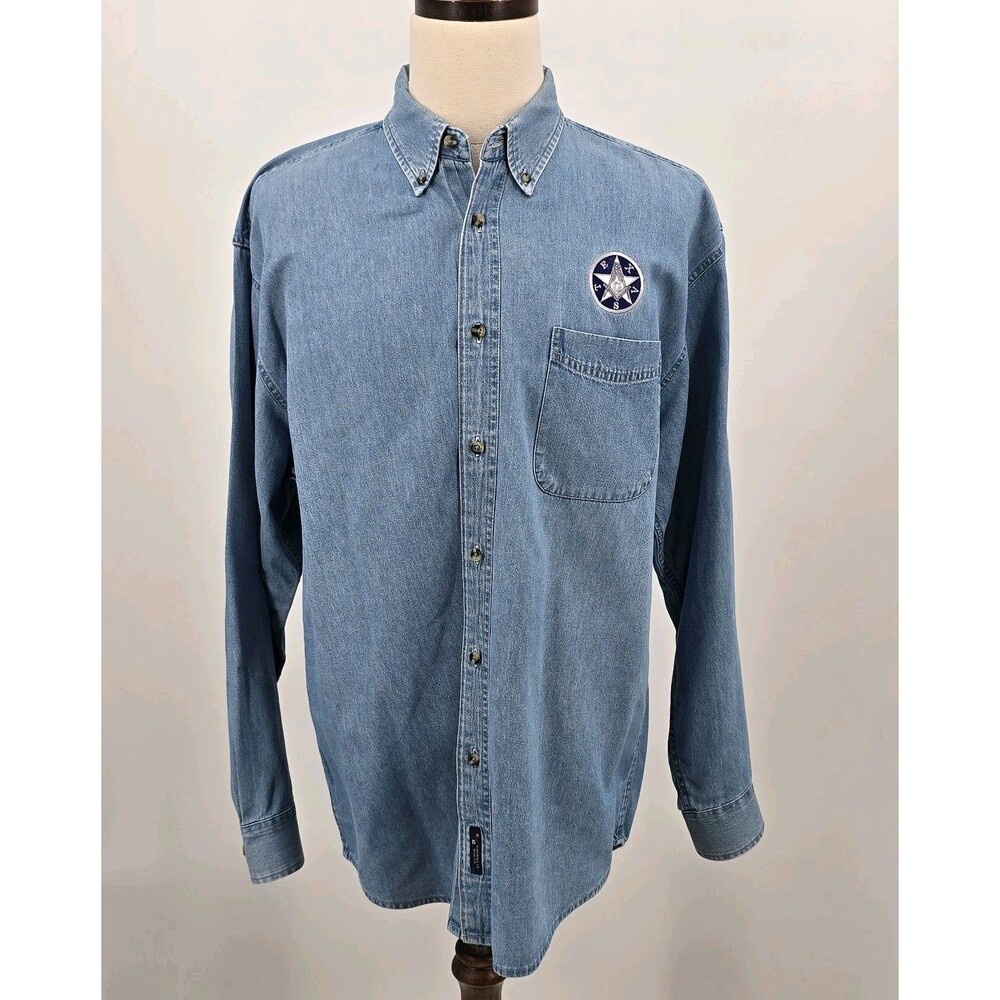 Free Masons Masonic G Compass Texas Denim Long Sleeve Shirt Mens XL - Picture 3 of 8